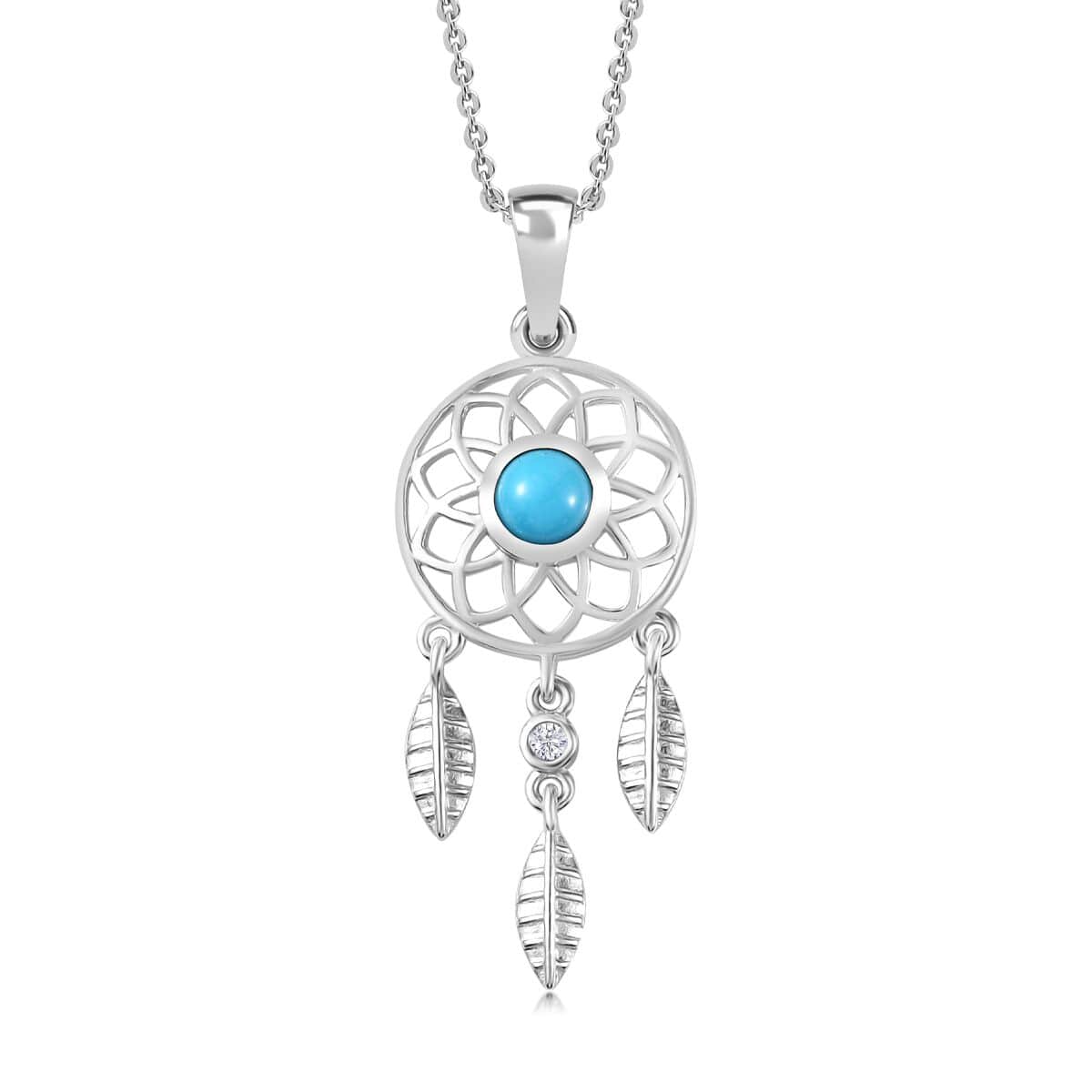 AAA Sleeping Beauty Turquoise and White Zircon Dream Catcher Pendant Necklace 20 Inches in Platinum Over Sterling Silver 0.50 ctw image number 0