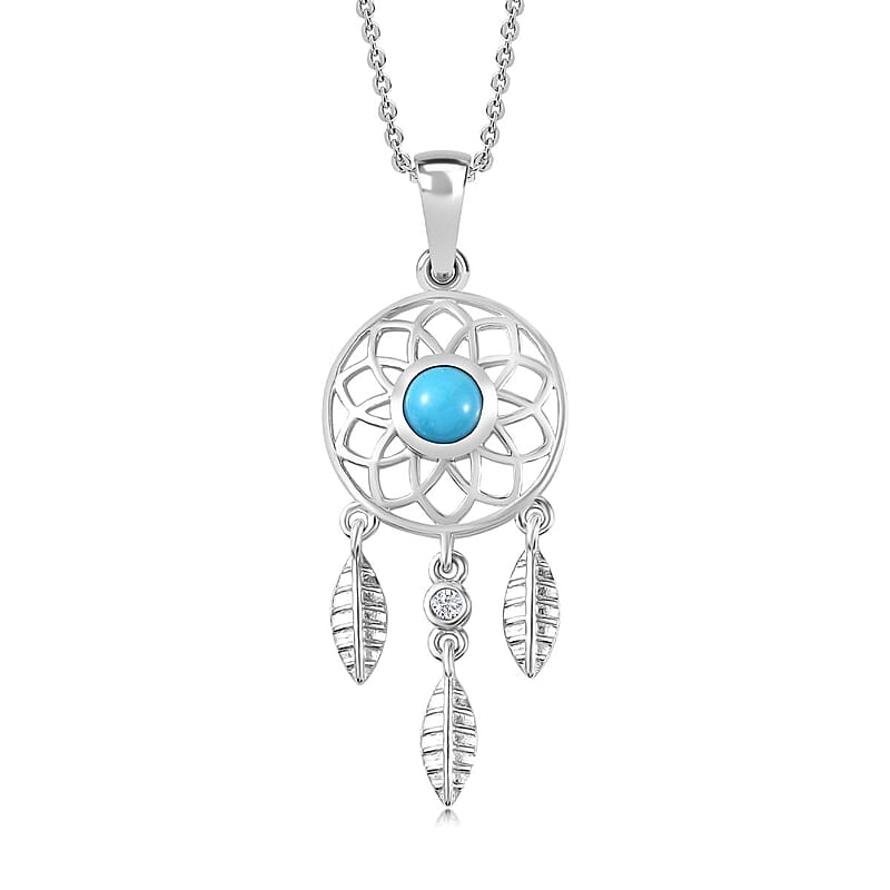 AAA Sleeping Beauty Turquoise and White Zircon Dream Catcher Pendant Necklace 20 Inches in Platinum Over Sterling Silver 0.50 ctw