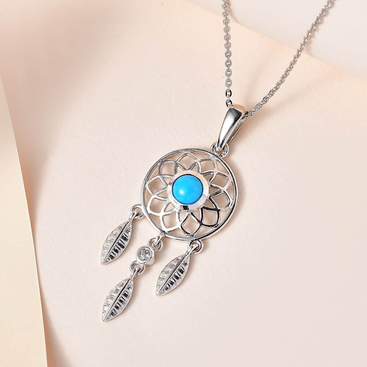 AAA Sleeping Beauty Turquoise and White Zircon Dream Catcher Pendant Necklace 20 Inches in Platinum Over Sterling Silver 0.50 ctw image number 1