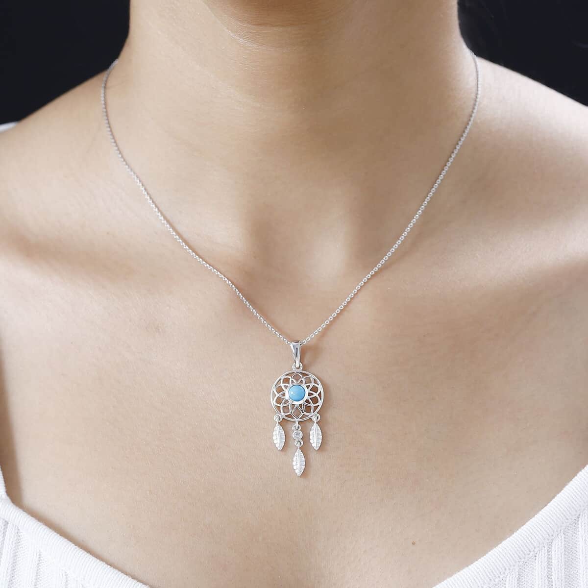 AAA Sleeping Beauty Turquoise and White Zircon Dream Catcher Pendant Necklace 20 Inches in Platinum Over Sterling Silver 0.50 ctw image number 2