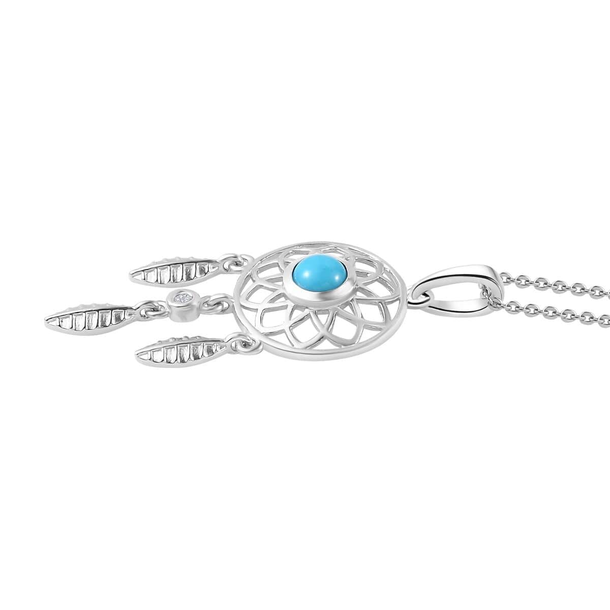 AAA Sleeping Beauty Turquoise and White Zircon Dream Catcher Pendant Necklace 20 Inches in Platinum Over Sterling Silver 0.50 ctw image number 3