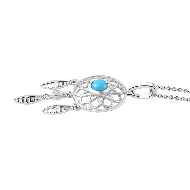 AAA Sleeping Beauty Turquoise and White Zircon Dream Catcher Pendant Necklace 20 Inches in Platinum Over Sterling Silver 0.50 ctw