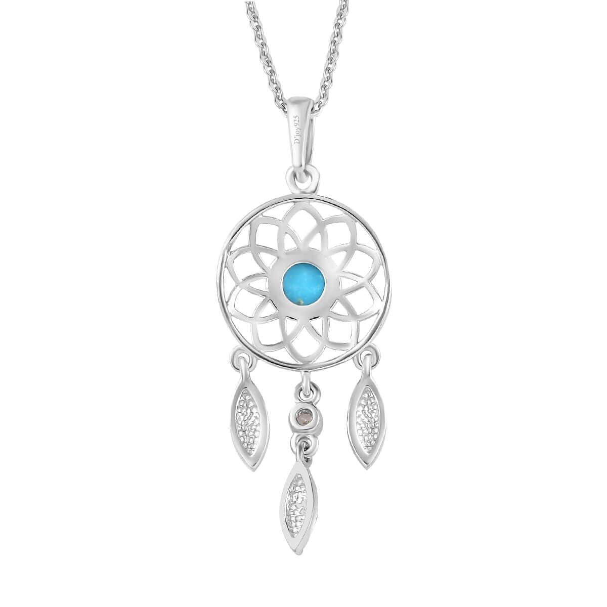 AAA Sleeping Beauty Turquoise and White Zircon Dream Catcher Pendant Necklace 20 Inches in Platinum Over Sterling Silver 0.50 ctw image number 4