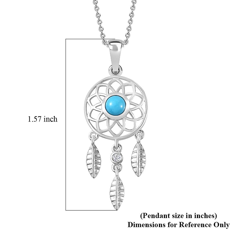 AAA Sleeping Beauty Turquoise and White Zircon Dream Catcher Pendant Necklace 20 Inches in Platinum Over Sterling Silver 0.50 ctw