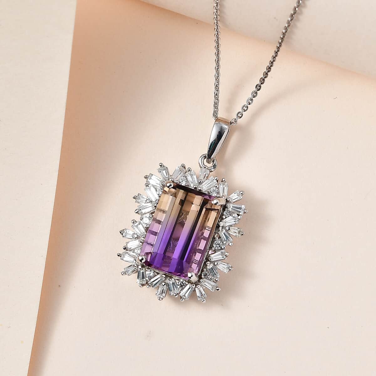AAA Anahi Ametrine and White Zircon Pendant Necklace 20 Inches in Platinum Over Sterling Silver 10.10 ctw image number 1