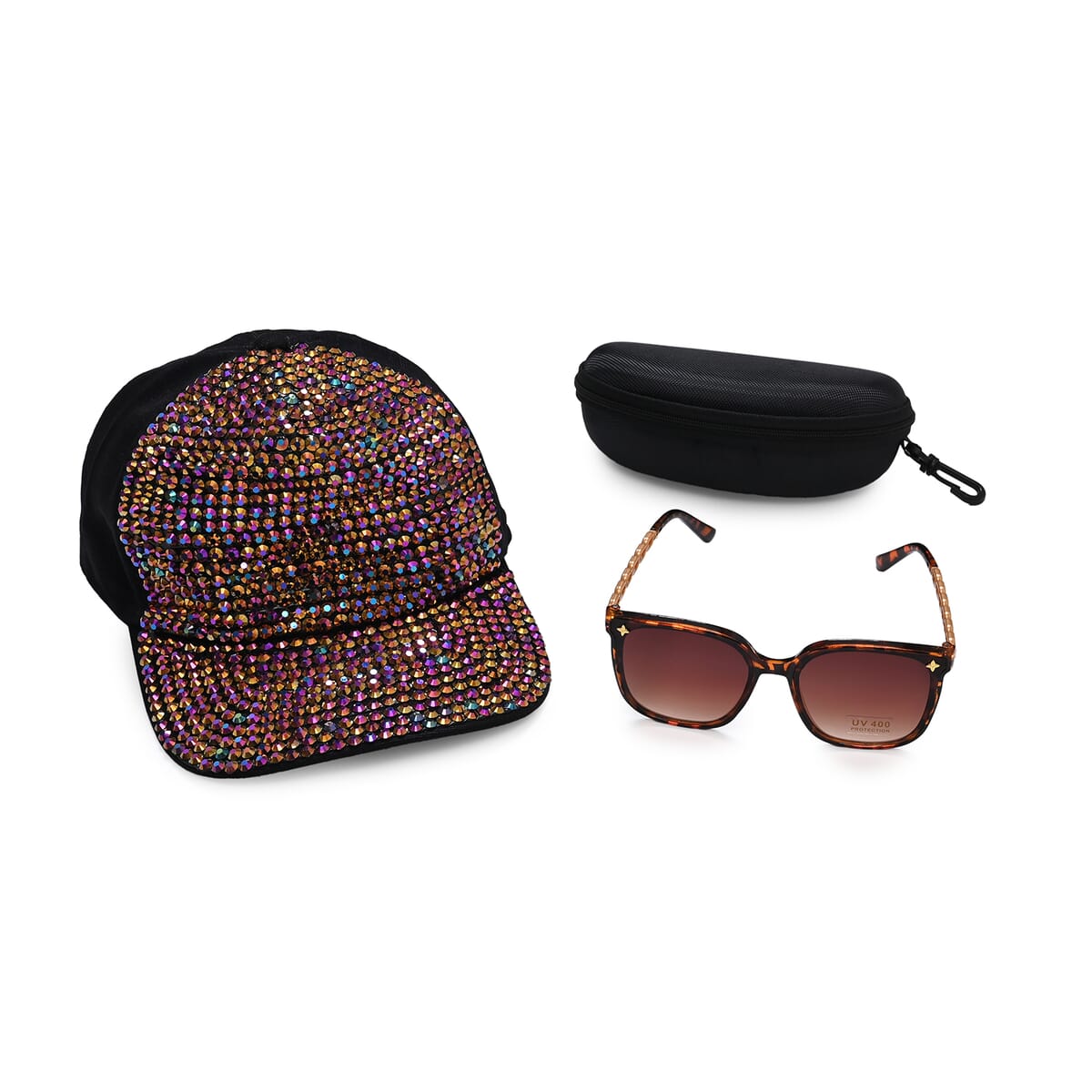Set of 2 Brown Leopard Print UV400 Polarized Sunglasses and Rhinestone Sparkle Cap image number 0