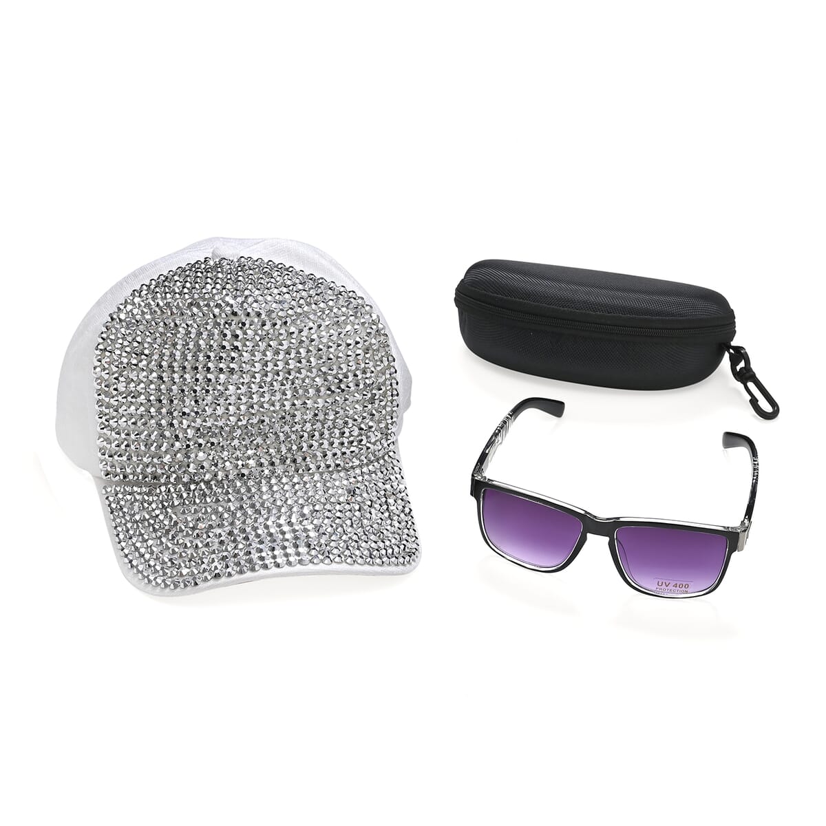 Set of 2 Gray Zebra Print UV400 Polarized Sunglasses and Rhinestone Sparkle Cap image number 0