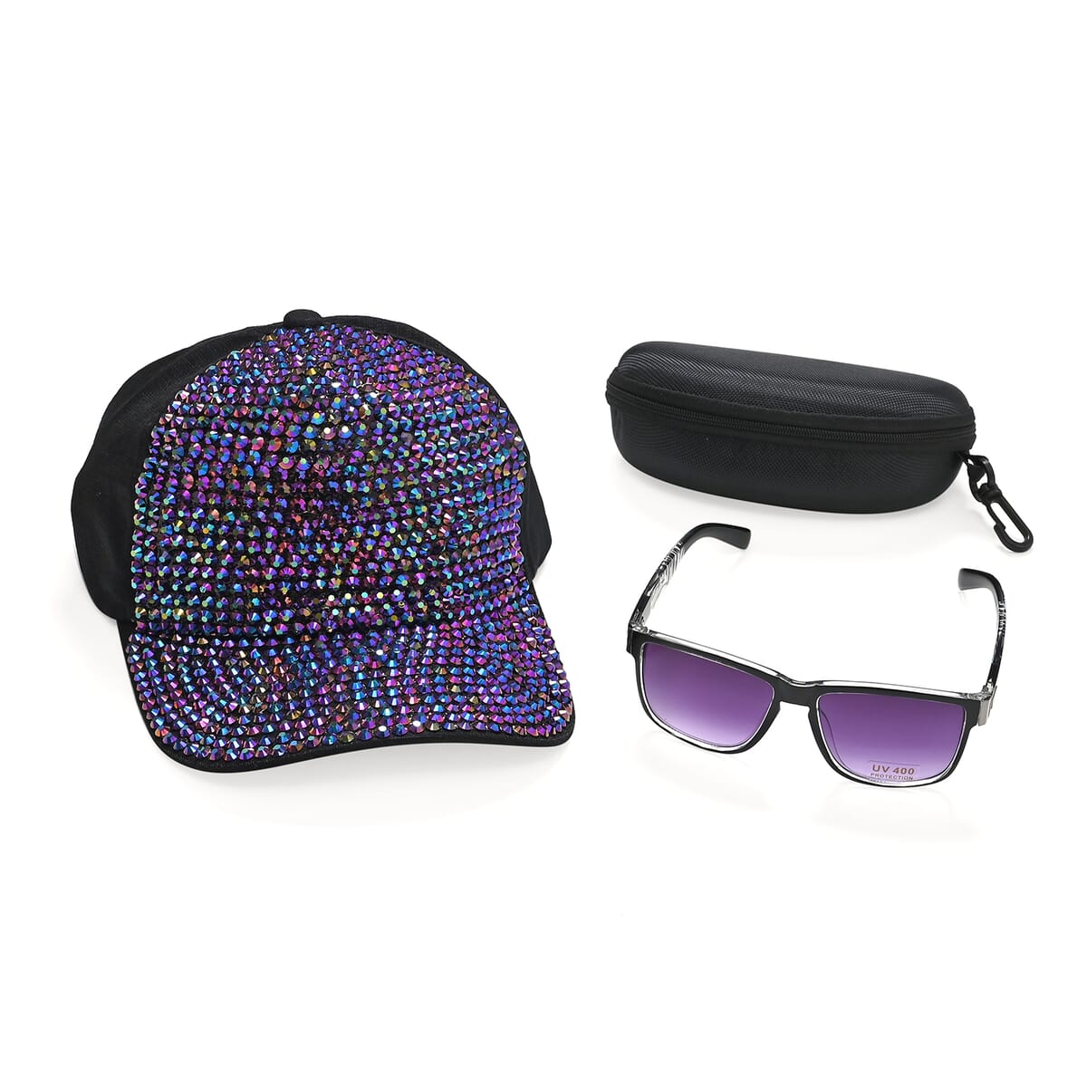 Set of 2 Gray Zebra Print UV400 Polarized Sunglasses and Rhinestone Sparkle Cap image number 0