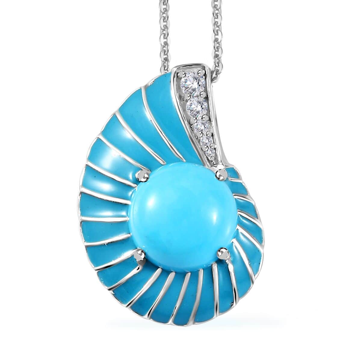 Sleeping Beauty Turquoise, White Zircon and Enameled Shell Pendant Necklace 20 Inches in Platinum Over Sterling Silver 3.60 ctw image number 0