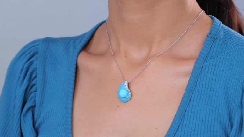 Sleeping Beauty Turquoise, White Zircon and Enameled Shell Pendant Necklace 20 Inches in Platinum Over Sterling Silver 3.60 ctw