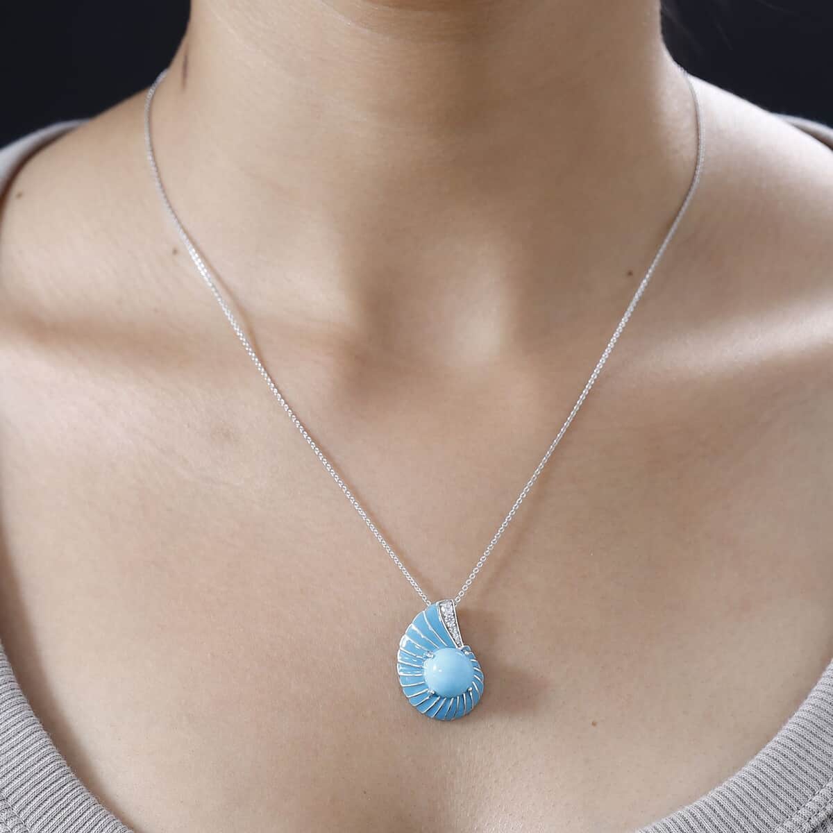Sleeping Beauty Turquoise, White Zircon and Enameled Shell Pendant Necklace 20 Inches in Platinum Over Sterling Silver 3.60 ctw image number 1