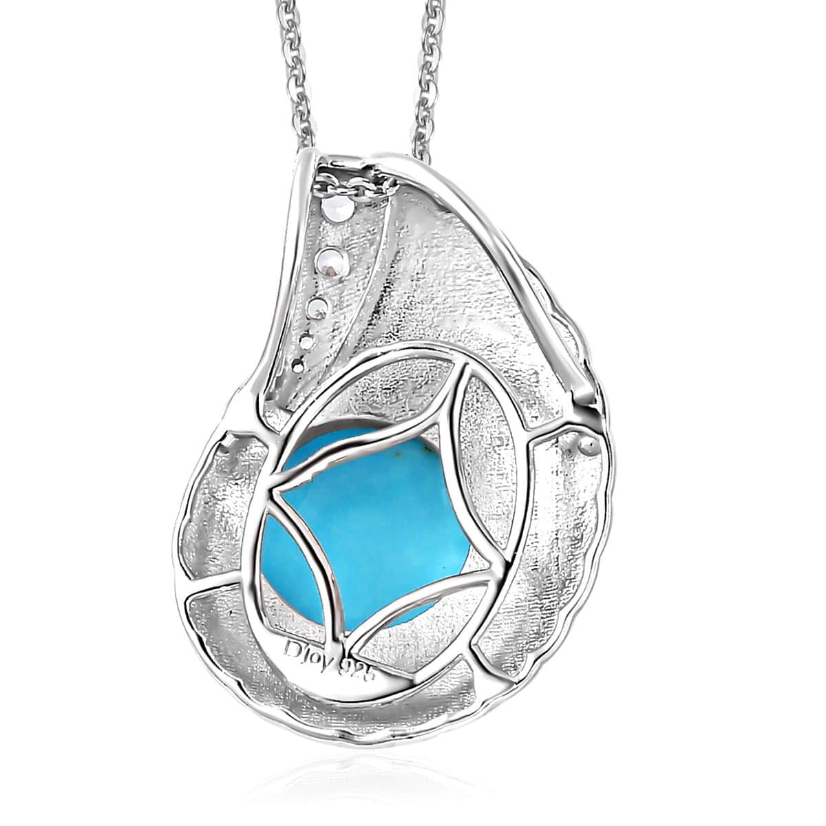 Sleeping Beauty Turquoise, White Zircon and Enameled Shell Pendant Necklace 20 Inches in Platinum Over Sterling Silver 3.60 ctw image number 3