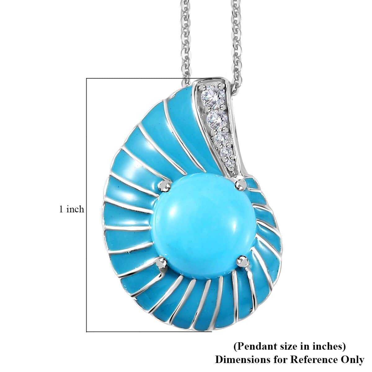 Sleeping Beauty Turquoise, White Zircon and Enameled Shell Pendant Necklace 20 Inches in Platinum Over Sterling Silver 3.60 ctw image number 5