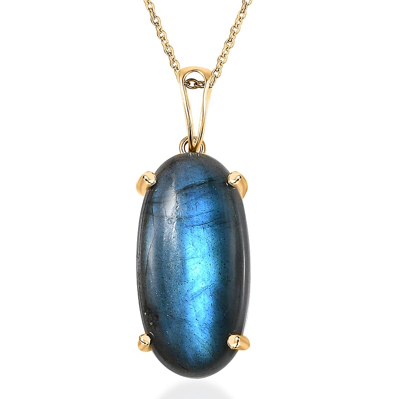 Malagasy Labradorite 30.00 ctw Solitaire Pendant in Vermeil YG Over Sterling Silver with ION Plated YG Stainless Steel Necklace 20 Inches