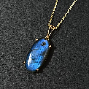 Malagasy Labradorite 30.00 ctw Solitaire Pendant in Vermeil YG Over Sterling Silver with ION Plated YG Stainless Steel Necklace 20 Inches