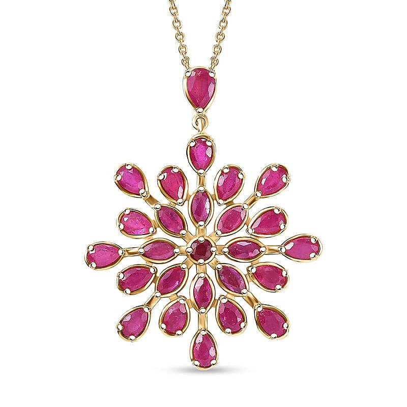 Niassa Ruby (FF) 10.25 ctw Snowflake Pendant Necklace in Vermeil Yellow Gold Over Sterling Silver 20 Inches