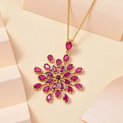 Niassa Ruby (FF) 10.25 ctw Snowflake Pendant Necklace in Vermeil Yellow Gold Over Sterling Silver 20 Inches