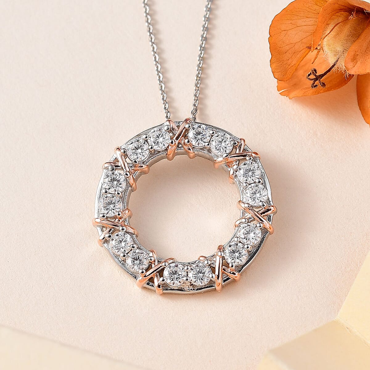 Moissanite XO Pendant Necklace 20 Inches in Vermeil Rose Gold Over Sterling Silver 1.50 ctw image number 1