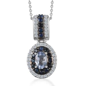 Ceylon Blue Sapphire and Moissanite Double Halo Pendant Necklace 20 Inches in Platinum Over Sterling Silver 1.15 ctw