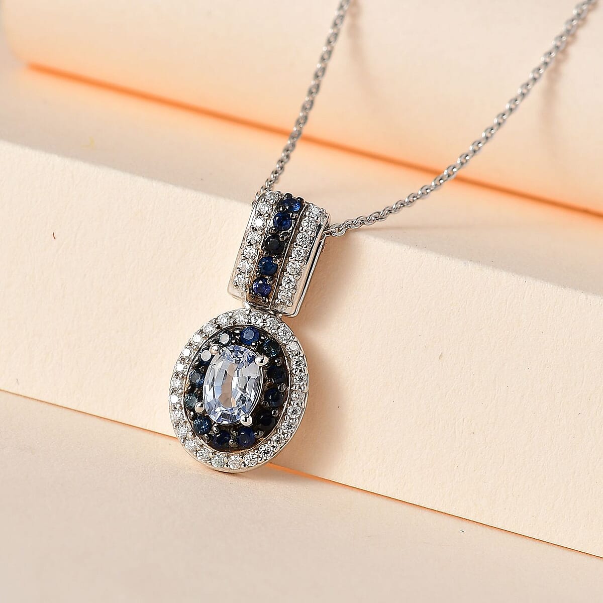 Ceylon Blue Sapphire and Moissanite Double Halo Pendant Necklace 20 Inches in Platinum Over Sterling Silver 1.15 ctw image number 1