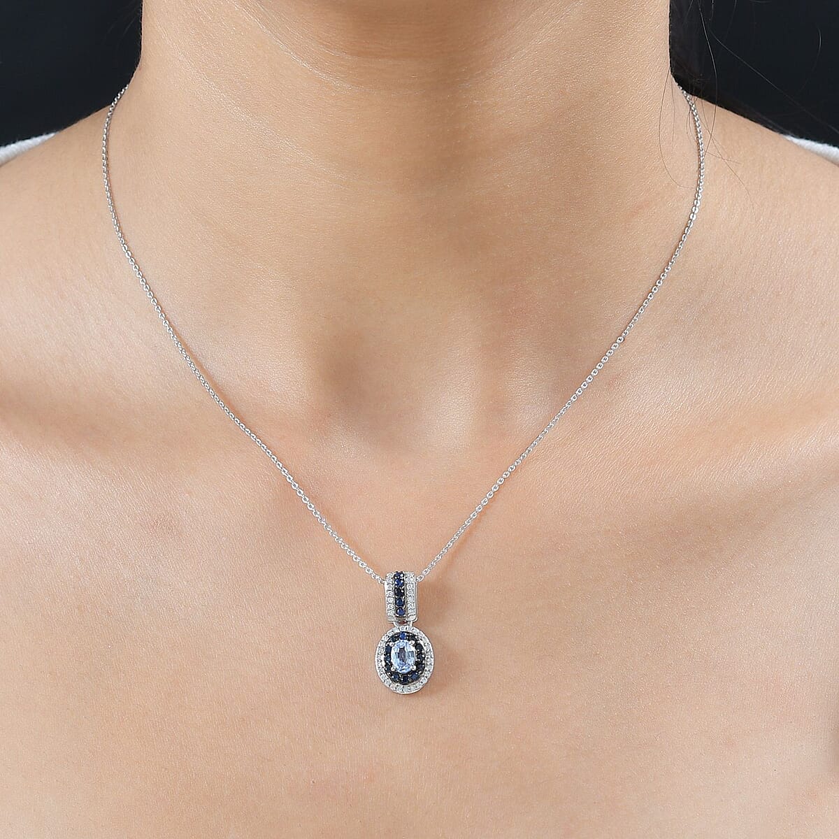 Ceylon Blue Sapphire and Moissanite Double Halo Pendant Necklace 20 Inches in Platinum Over Sterling Silver 1.15 ctw image number 2