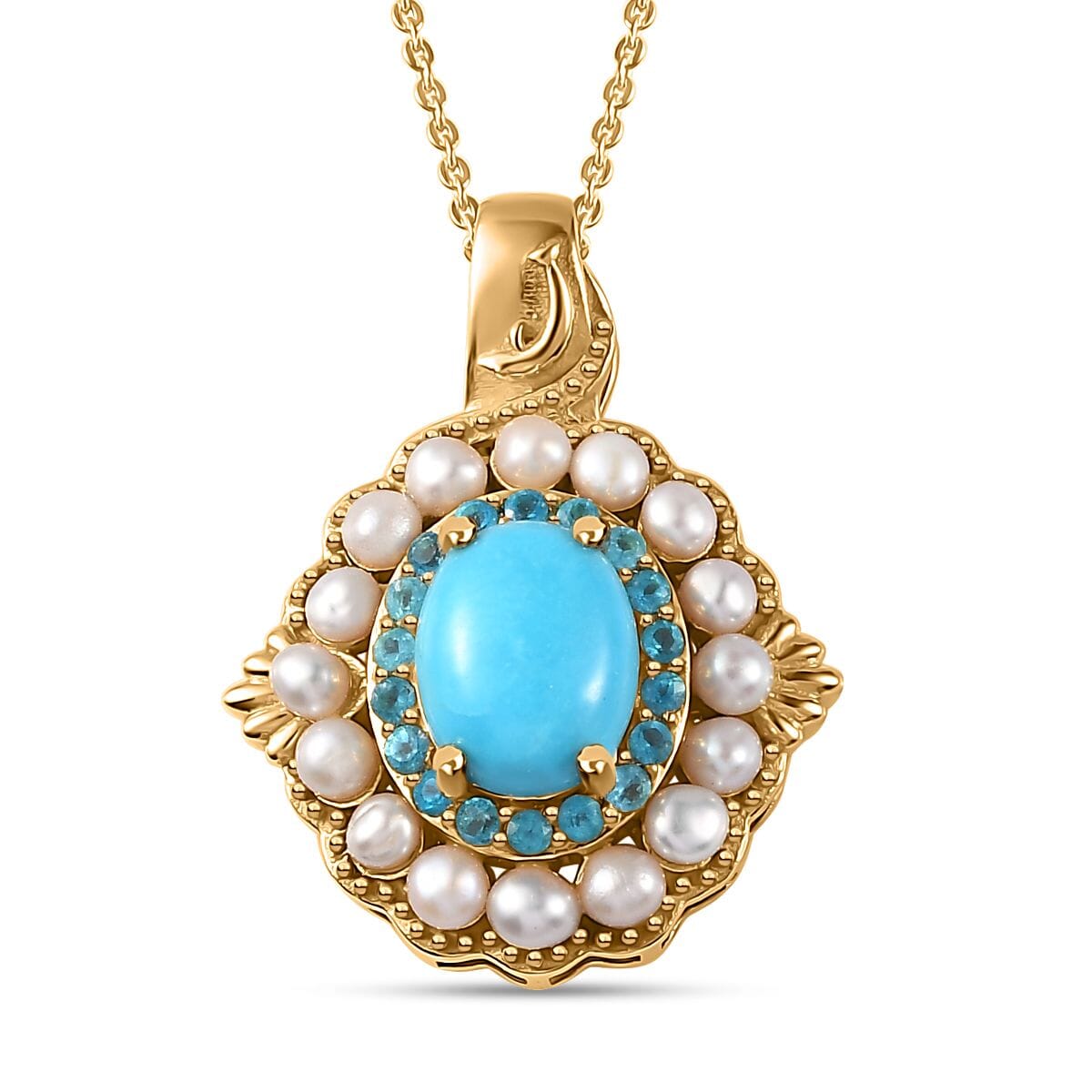 Sleeping Beauty Turquoise, Freshwater Pearl and Neon Apatite 4.65 ctw Dolphin Pendant Necklace in Vermeil Yellow Gold Over Sterling Silver 20 Inches image number 0