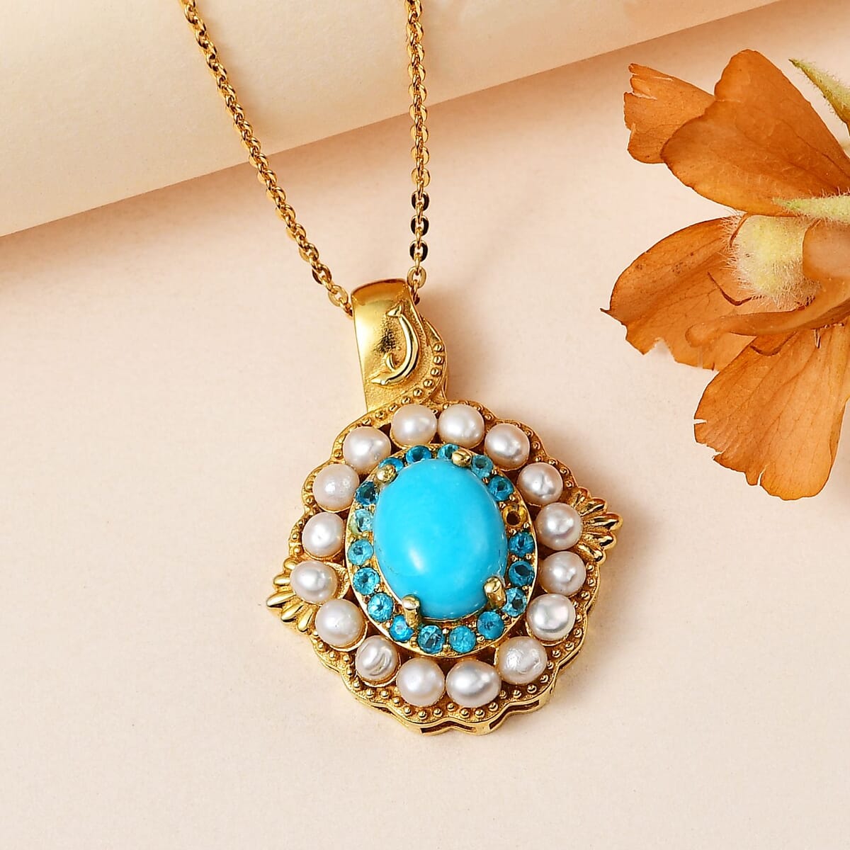 Sleeping Beauty Turquoise, Freshwater Pearl and Neon Apatite 4.65 ctw Dolphin Pendant Necklace in Vermeil Yellow Gold Over Sterling Silver 20 Inches image number 1