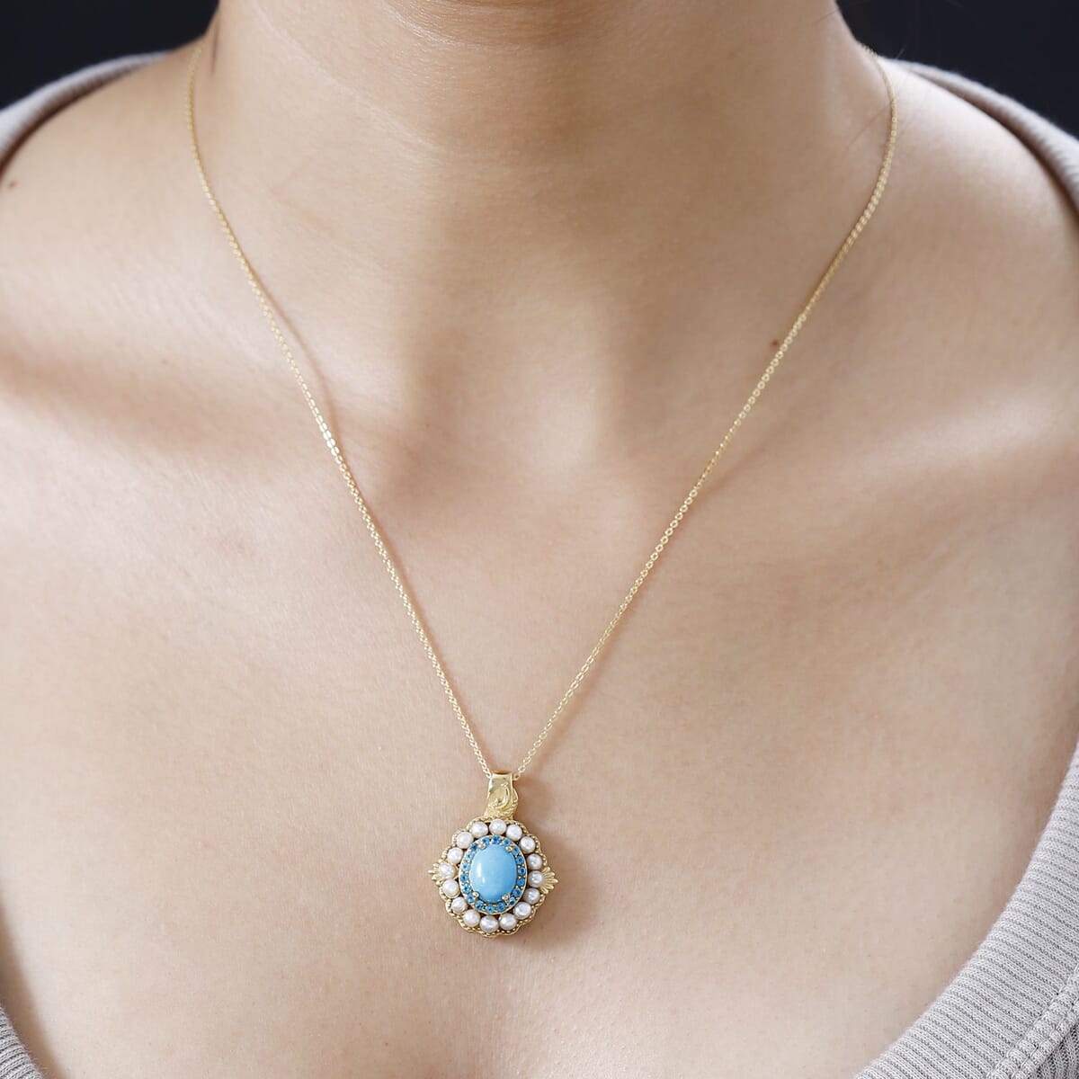 Sleeping Beauty Turquoise, Freshwater Pearl and Neon Apatite 4.65 ctw Dolphin Pendant Necklace in Vermeil Yellow Gold Over Sterling Silver 20 Inches image number 2
