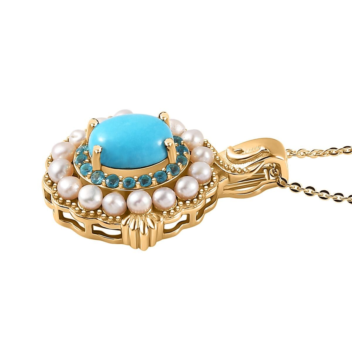 Sleeping Beauty Turquoise, Freshwater Pearl and Neon Apatite 4.65 ctw Dolphin Pendant Necklace in Vermeil Yellow Gold Over Sterling Silver 20 Inches image number 3