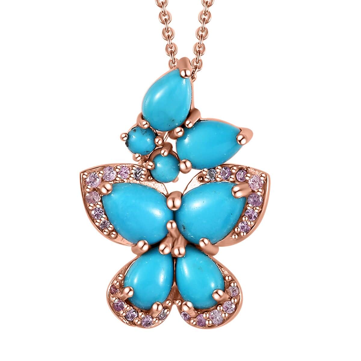 Sleeping Beauty Turquoise and Madagascar Pink Sapphire Butterfly Pendant Necklace 20 Inches in Vermeil Rose Gold Over Sterling Silver 3.30 ctw image number 0