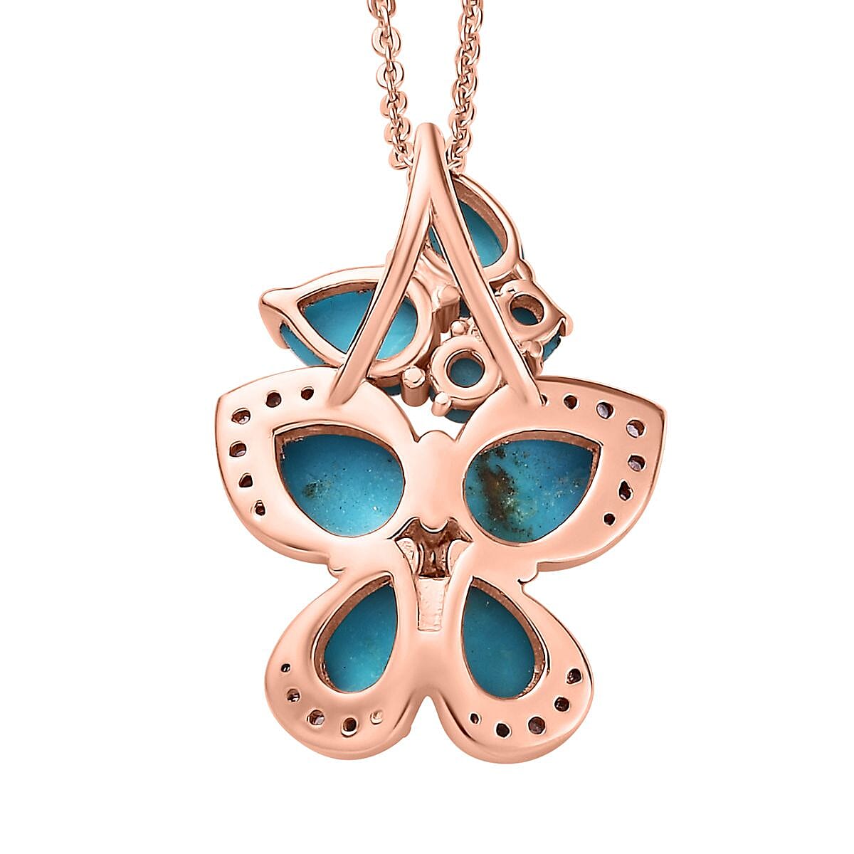 Sleeping Beauty Turquoise and Madagascar Pink Sapphire Butterfly Pendant Necklace 20 Inches in Vermeil Rose Gold Over Sterling Silver 3.30 ctw