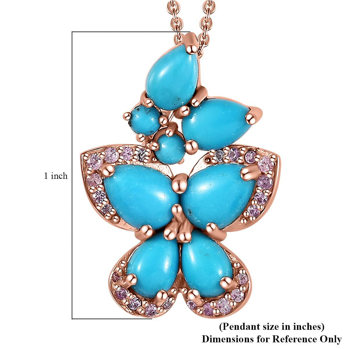 Sleeping Beauty Turquoise and Madagascar Pink Sapphire Butterfly Pendant Necklace 20 Inches in Vermeil Rose Gold Over Sterling Silver 3.30 ctw