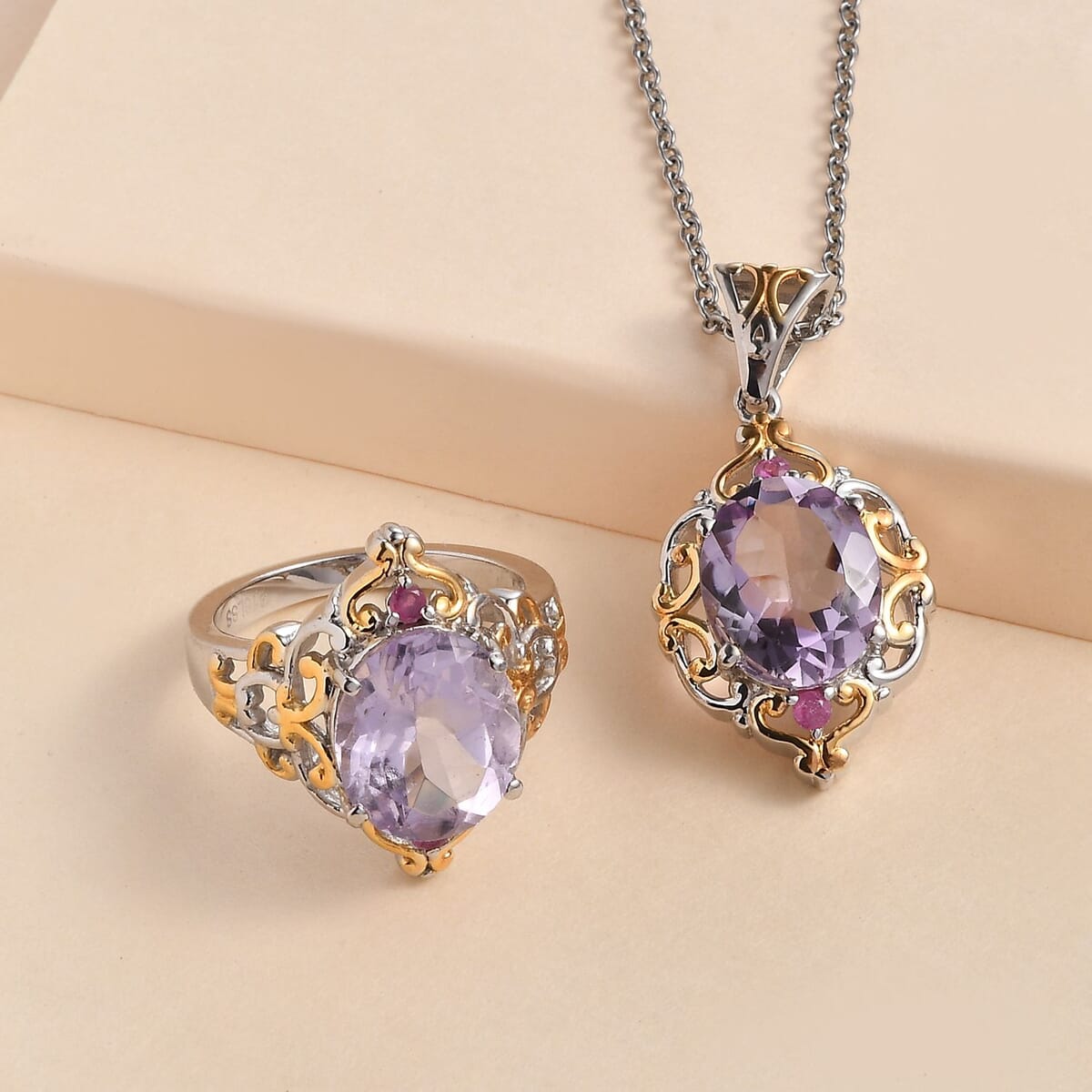 Rose De France Amethyst and Niassa Ruby (FF) Ring (Size 5.0) and Pendant Necklace 20 Inches in ION Plated YG and Stainless Steel 8.80 ctw image number 1