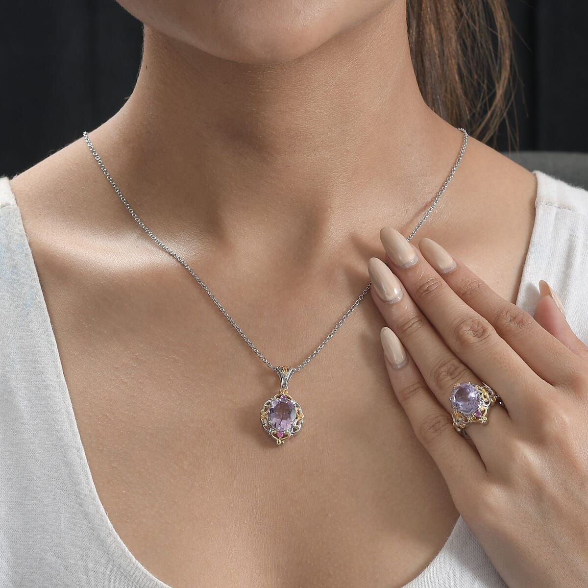 Rose De France Amethyst and Niassa Ruby (FF) Ring (Size 5.0) and Pendant Necklace 20 Inches in ION Plated YG and Stainless Steel 8.80 ctw image number 2