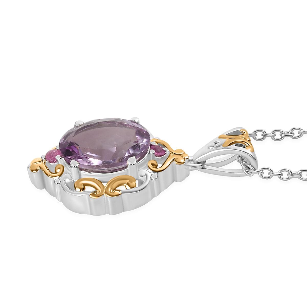 Rose De France Amethyst and Niassa Ruby (FF) Ring (Size 5.0) and Pendant Necklace 20 Inches in ION Plated YG and Stainless Steel 8.80 ctw image number 6