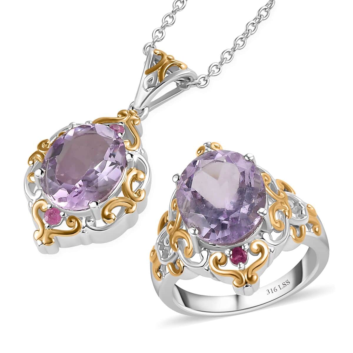 Rose De France Amethyst and Niassa Ruby (FF) Ring (Size 6.0) and Pendant Necklace 20 Inches in ION Plated YG and Stainless Steel 8.80 ctw image number 0