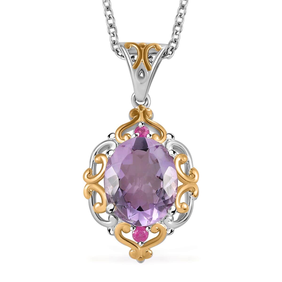 Rose De France Amethyst and Niassa Ruby (FF) Ring (Size 6.0) and Pendant Necklace 20 Inches in ION Plated YG and Stainless Steel 8.80 ctw image number 5