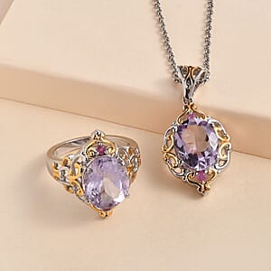 Rose De France Amethyst and Niassa Ruby (FF) Ring (Size 8.0) and Pendant Necklace 20 Inches in ION Plated YG and Stainless Steel 8.80 ctw