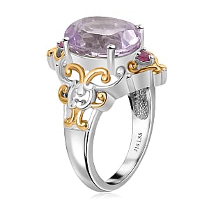 Rose De France Amethyst and Niassa Ruby (FF) Ring (Size 8.0) and Pendant Necklace 20 Inches in ION Plated YG and Stainless Steel 8.80 ctw