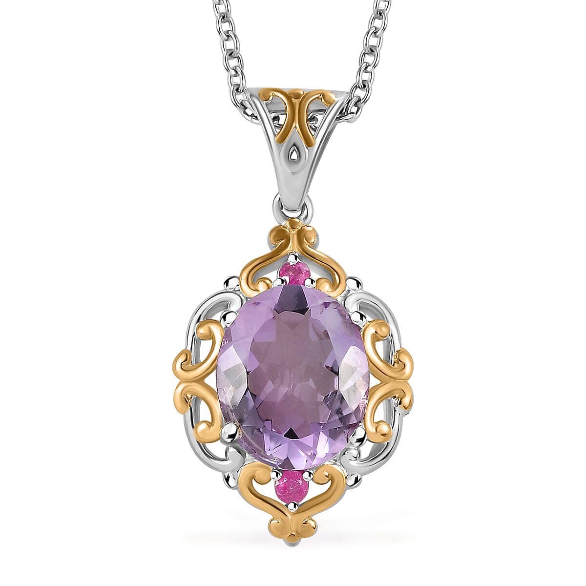 Rose De France Amethyst and Niassa Ruby (FF) Ring (Size 8.0) and Pendant Necklace 20 Inches in ION Plated YG and Stainless Steel 8.80 ctw image number 5