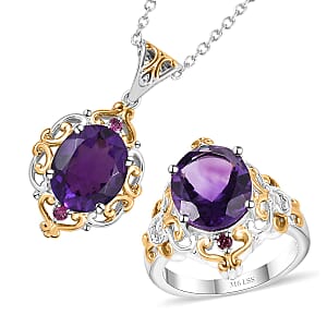 African Amethyst and Orissa Rhodolite Garnet Ring (Size 11.0) and Pendant Necklace 20 Inches in ION Plated YG and Stainless Steel 9.00 ctw
