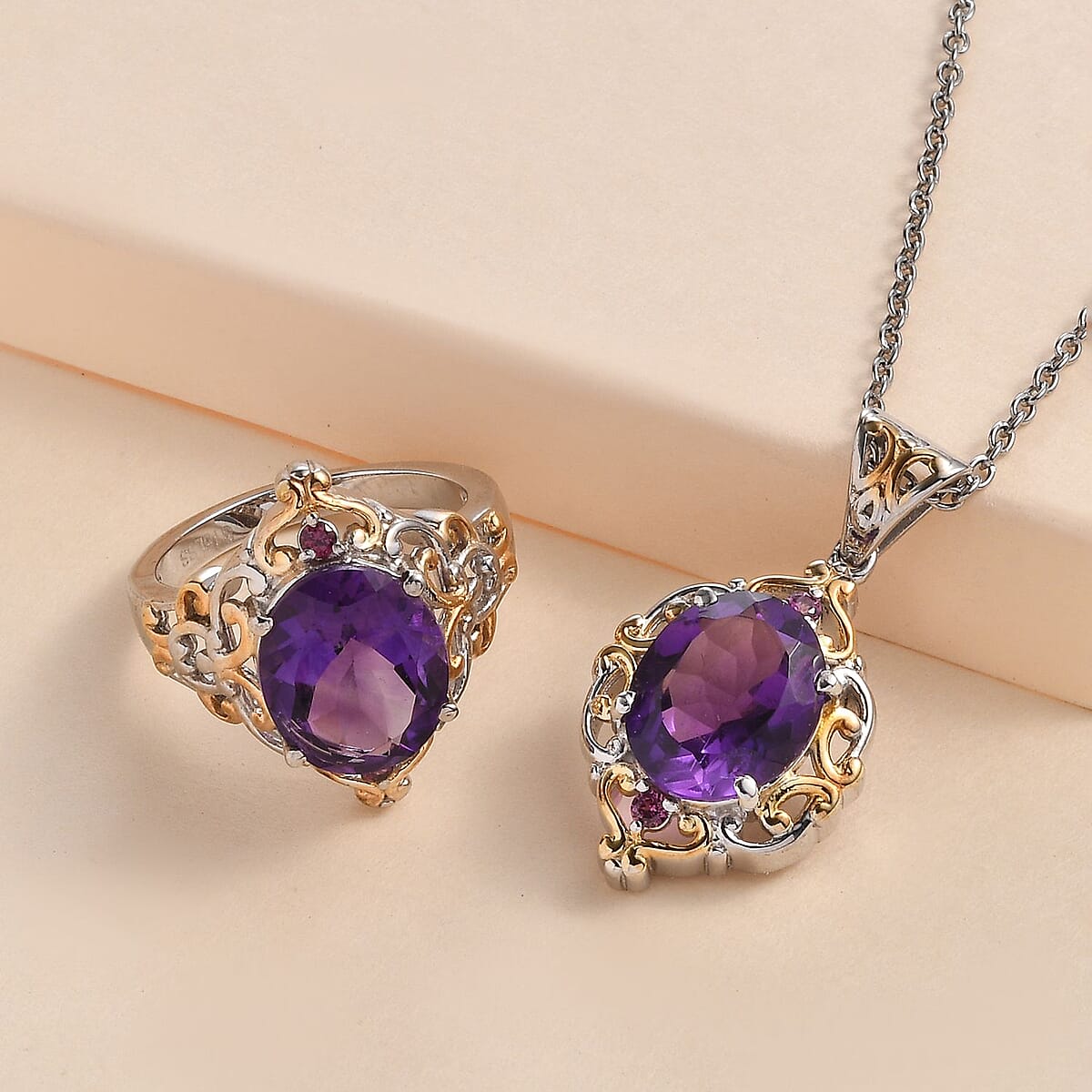 African Amethyst and Orissa Rhodolite Garnet Ring (Size 11.0) and Pendant Necklace 20 Inches in ION Plated YG and Stainless Steel 9.00 ctw image number 1