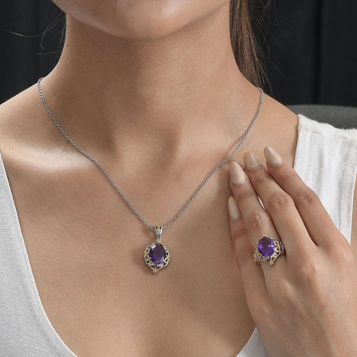 African Amethyst and Orissa Rhodolite Garnet Ring (Size 11.0) and Pendant Necklace 20 Inches in ION Plated YG and Stainless Steel 9.00 ctw image number 2