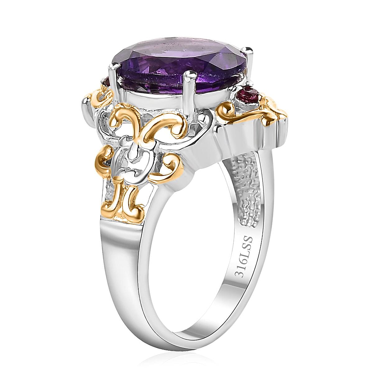 African Amethyst and Orissa Rhodolite Garnet Ring (Size 11.0) and Pendant Necklace 20 Inches in ION Plated YG and Stainless Steel 9.00 ctw image number 3