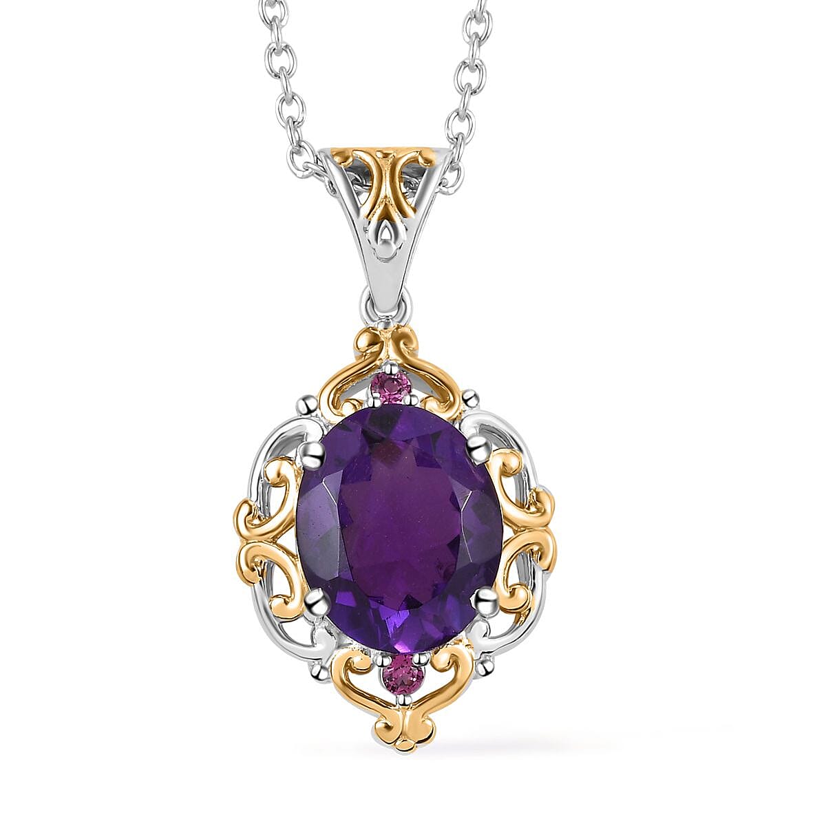 African Amethyst and Orissa Rhodolite Garnet Ring (Size 11.0) and Pendant Necklace 20 Inches in ION Plated YG and Stainless Steel 9.00 ctw image number 5
