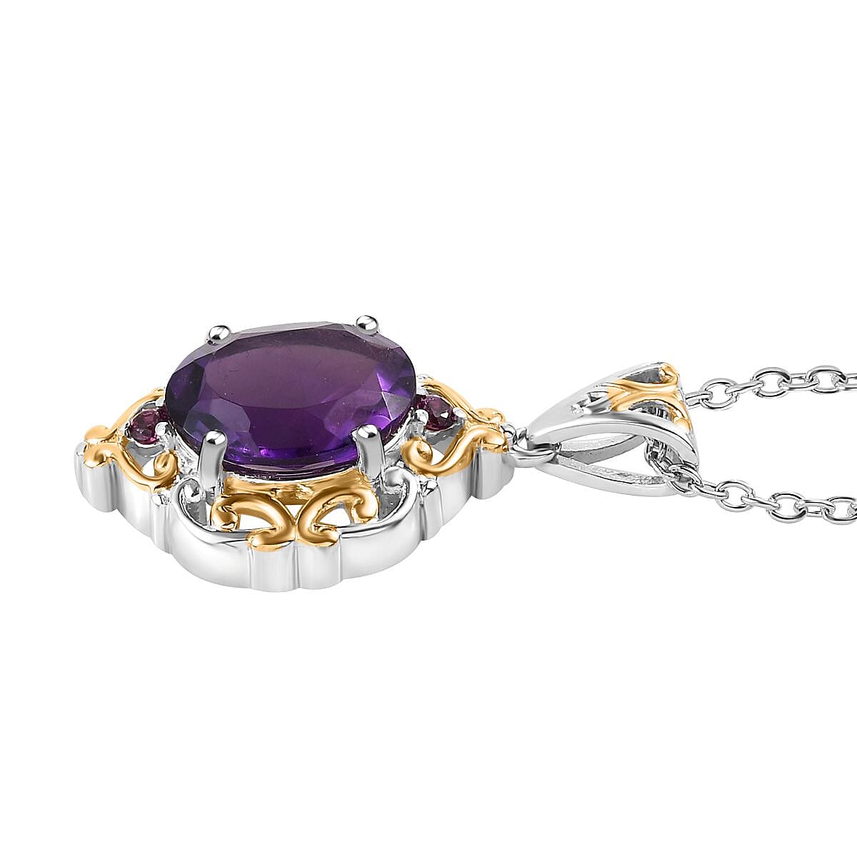 African Amethyst and Orissa Rhodolite Garnet Ring (Size 11.0) and Pendant Necklace 20 Inches in ION Plated YG and Stainless Steel 9.00 ctw image number 6