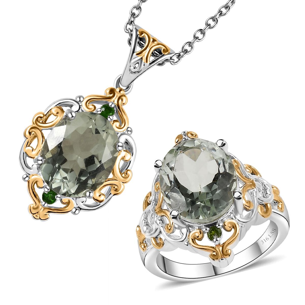 Montezuma Prasiolite and Chrome Diopside Ring (Size 6.0) and Pendant Necklace 20 Inches in ION Plated YG and Stainless Steel 8.80 ctw image number 0