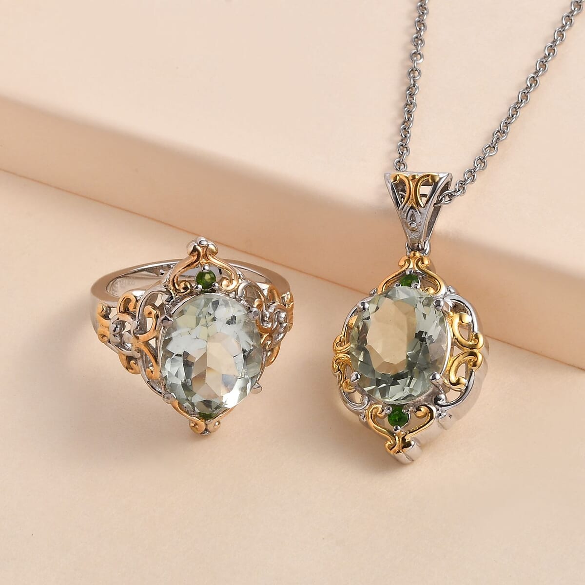 Montezuma Prasiolite and Chrome Diopside Ring (Size 6.0) and Pendant Necklace 20 Inches in ION Plated YG and Stainless Steel 8.80 ctw image number 1