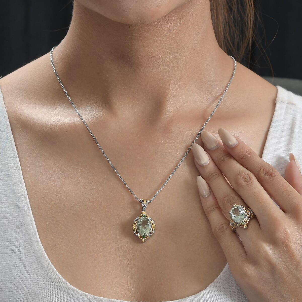 Montezuma Prasiolite and Chrome Diopside Ring (Size 6.0) and Pendant Necklace 20 Inches in ION Plated YG and Stainless Steel 8.80 ctw image number 2