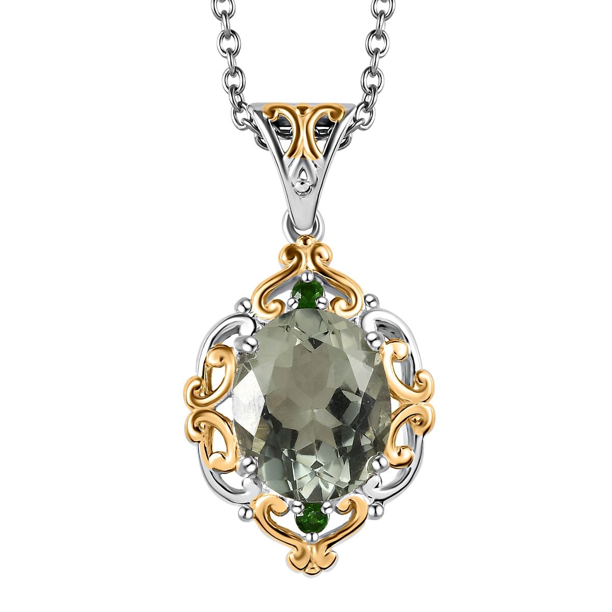 Montezuma Prasiolite and Chrome Diopside Ring (Size 6.0) and Pendant Necklace 20 Inches in ION Plated YG and Stainless Steel 8.80 ctw image number 5